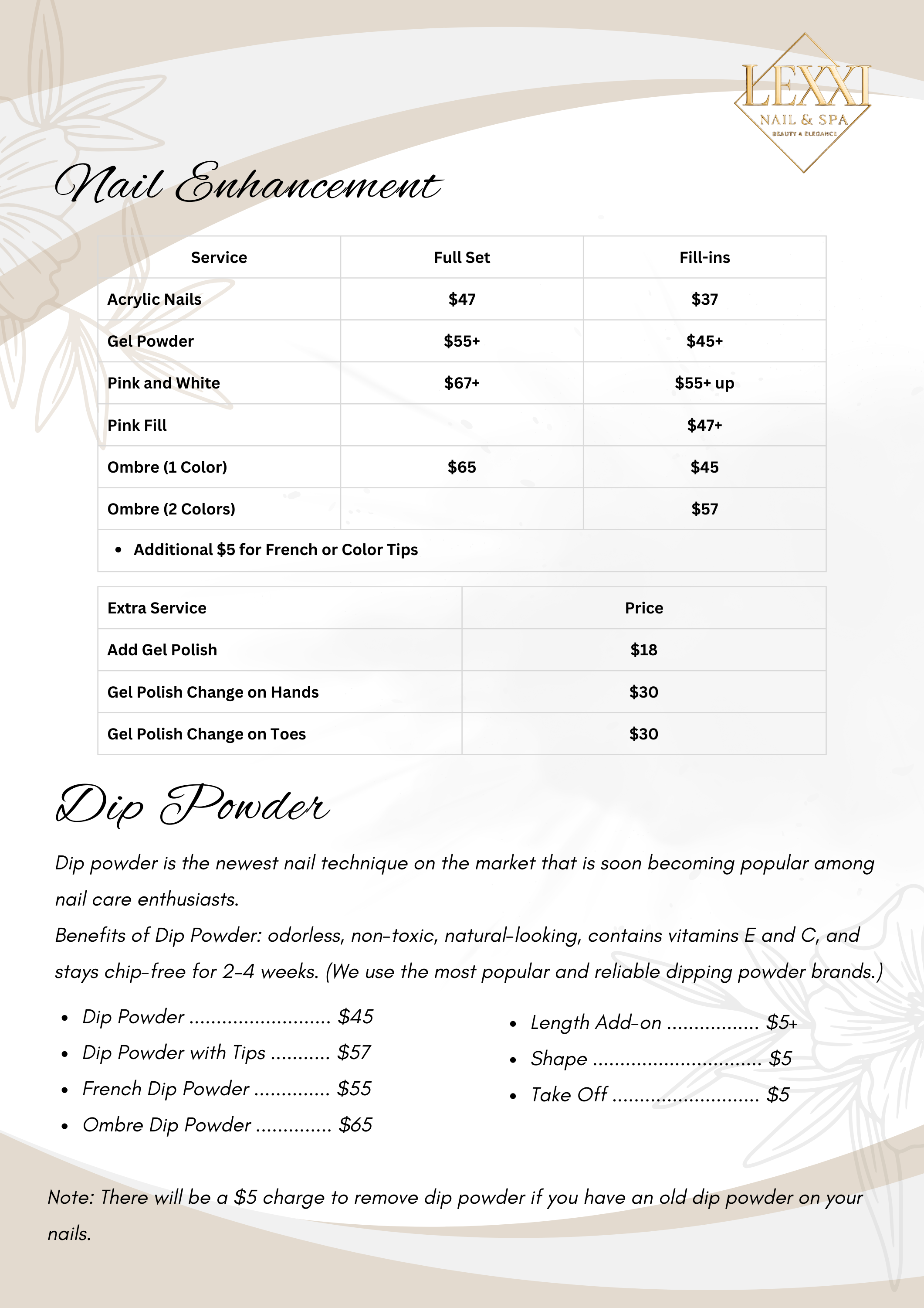 Lexxi Nails & Spa menu — Nail Enhancement & Dip Powder
