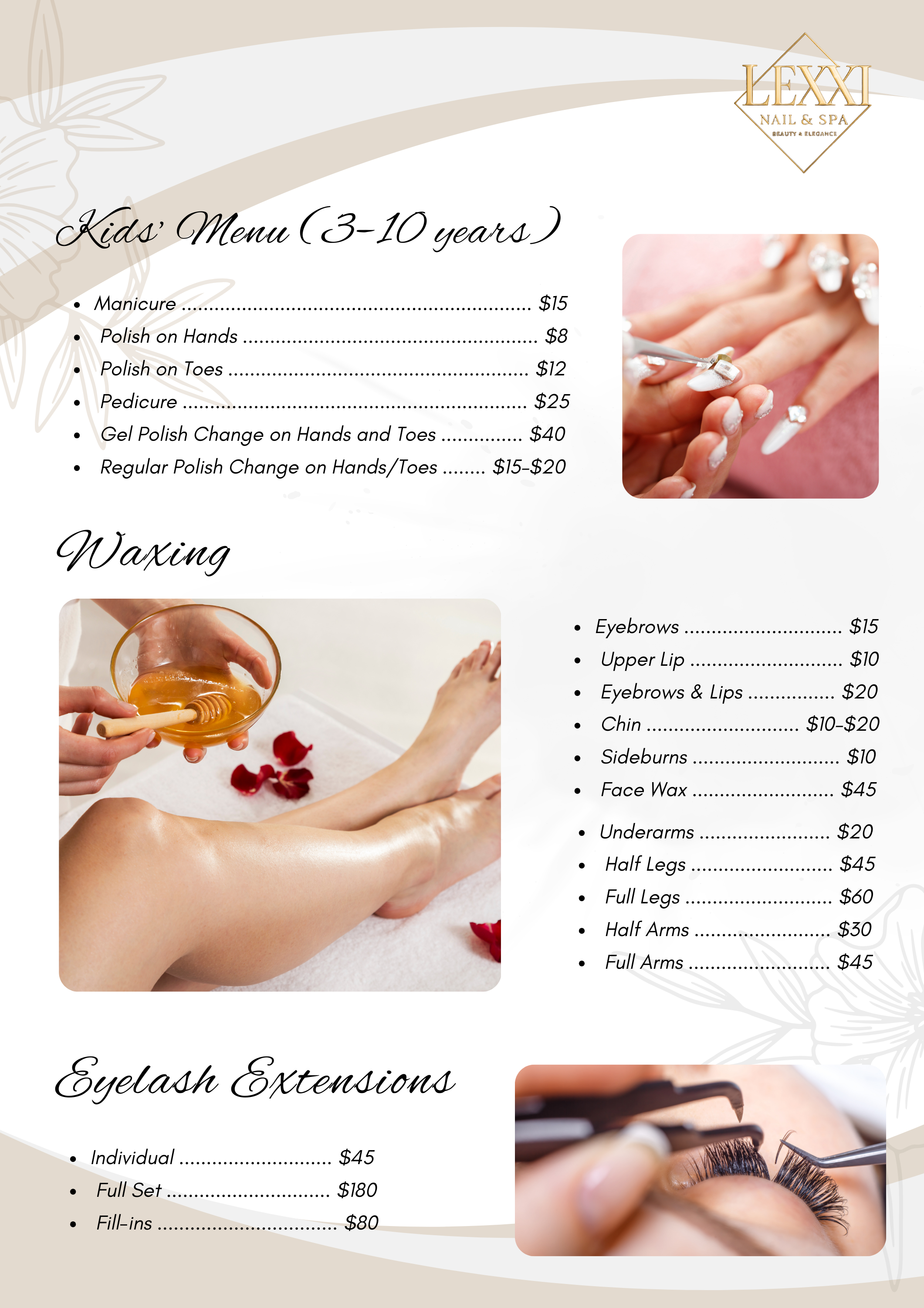 Lexxi Nails & Spa menu — Kids, Waxing, Eyelash